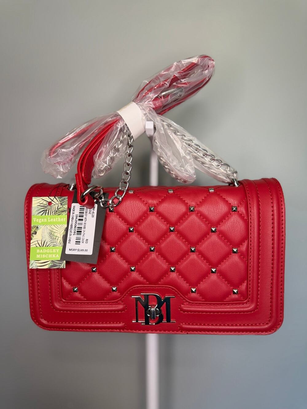 NWT Badgley Mischka Red Quilted Studded Crossbody Shoulder Bag MSRP $149